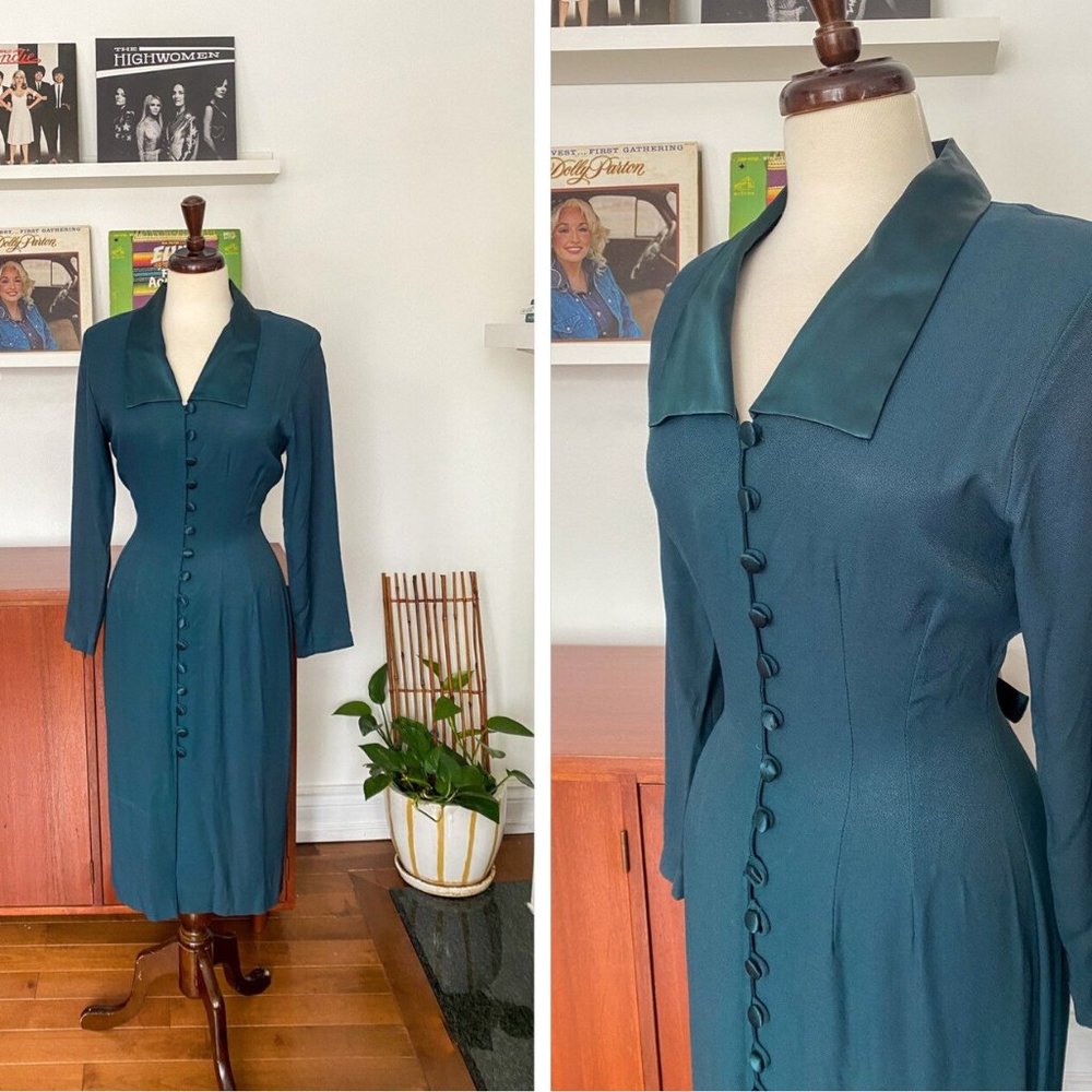 80s Vintage Jade Green Button Down Pencil Dress Size S